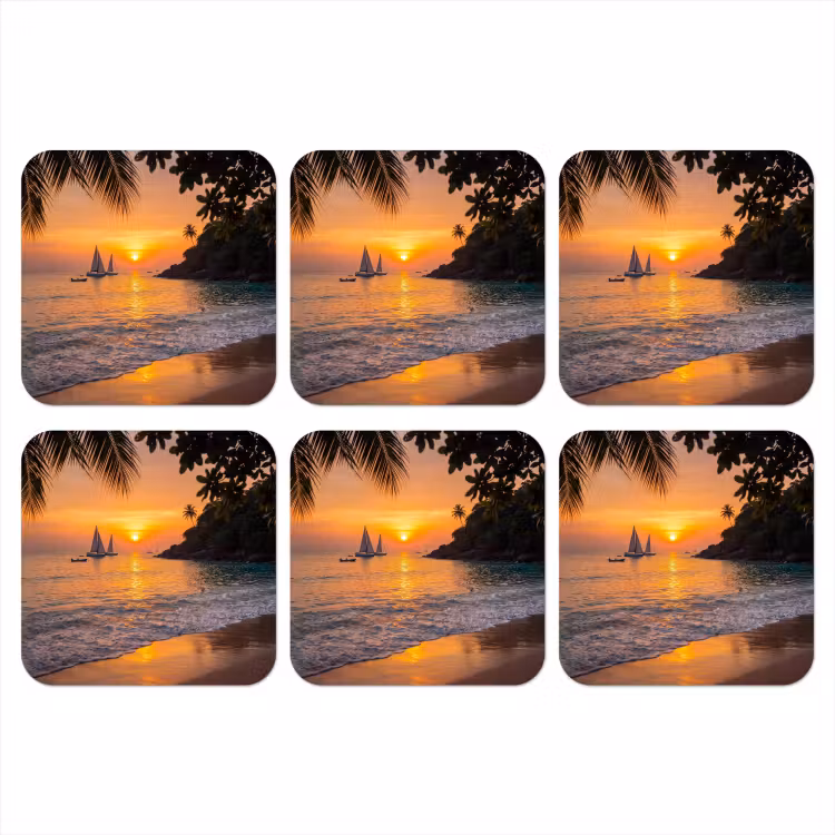 Zee - Zonsondergang - Boot - Natuur - Oranje onderzetter kurk middel -3d