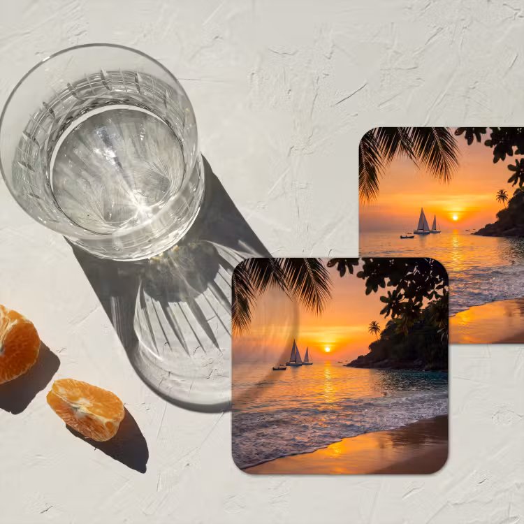 Zee - Zonsondergang - Boot - Natuur - Oranje onderzetter kurk middel -sfeer4