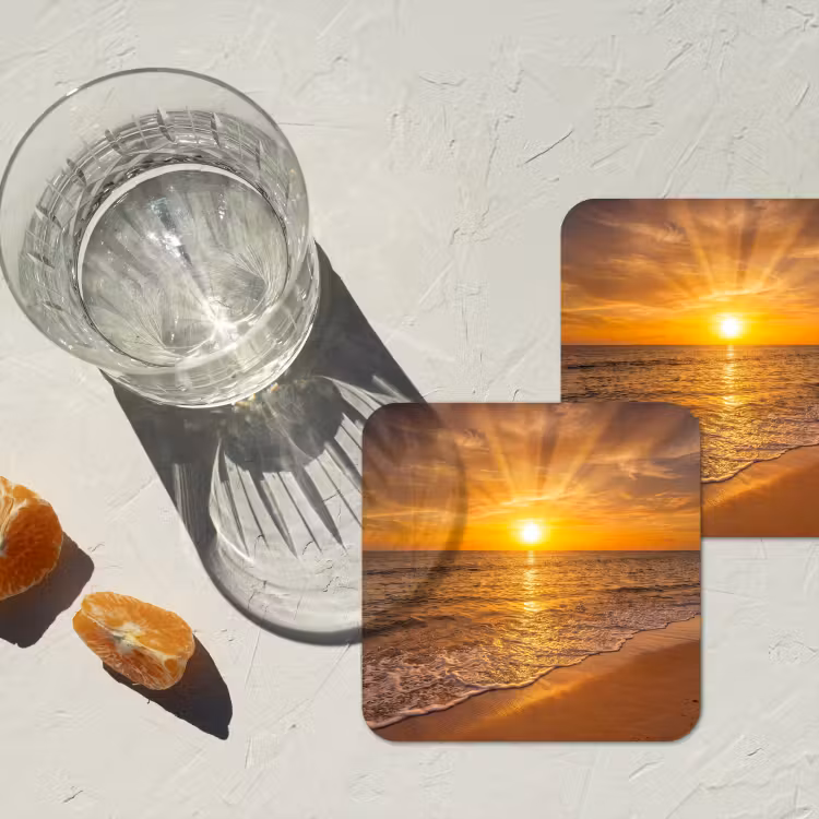 Zee - Zonsondergang - Golven - Kust - Oranje onderzetter kurk middel -sfeer4