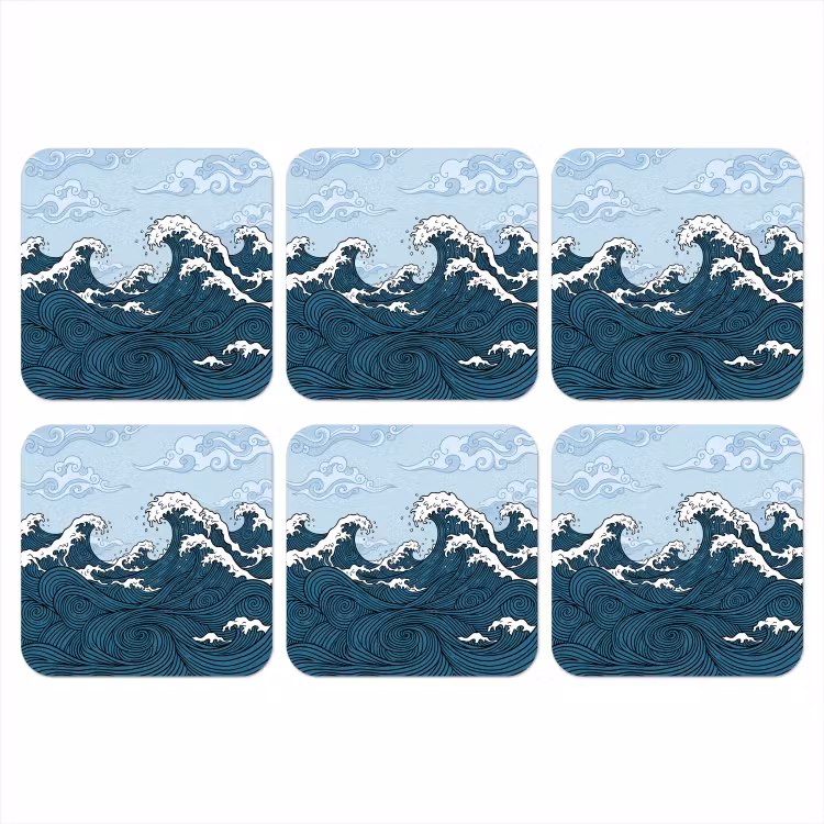 Zee - Golven - Japans - Natuur - Blauw onderzetter kurk middel -3d