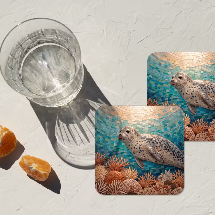 Zeehond - Mozaïek - Onderwater - Dieren - Blauw onderzetter kurk middel -sfeer4