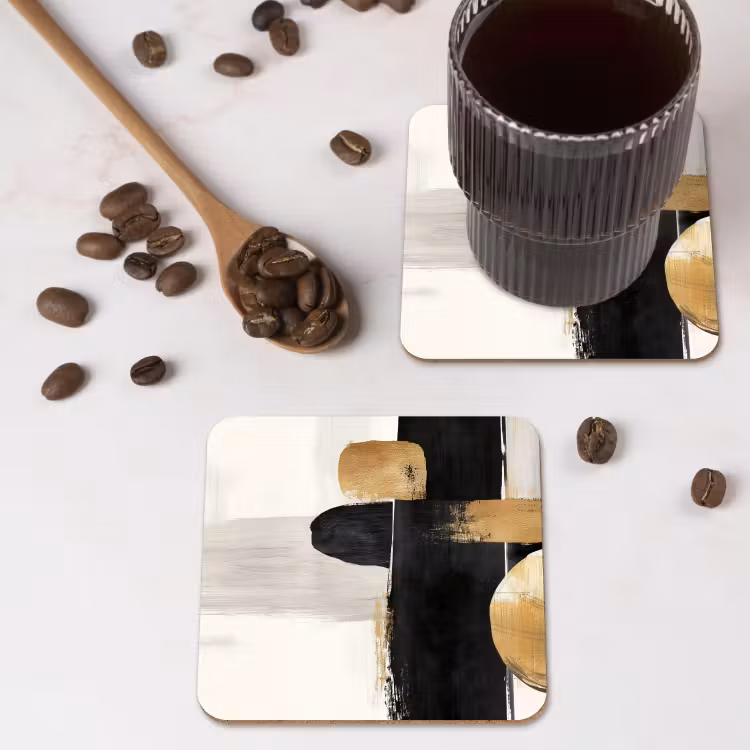 Vormen - Penseelstreken - Abstract - Goud onderzetter kurk middel -sfeer2