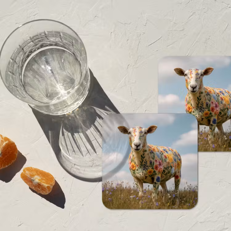 Schaap - Bloemen - Weide onderzetter kurk middel -sfeer4