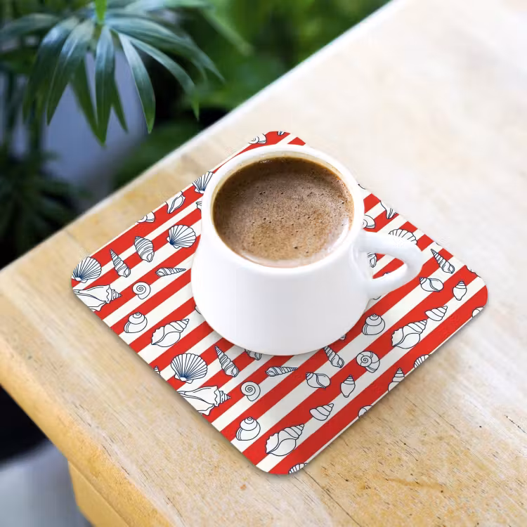 Schelp - Zeedieren - Zomer - Illustratie - Rood - Blauw onderzetter kurk middel -sfeer5