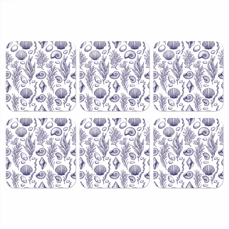 Schelpen - Zeewier - Oceaan - Illustratie - Blauw onderzetter kurk middel -3d