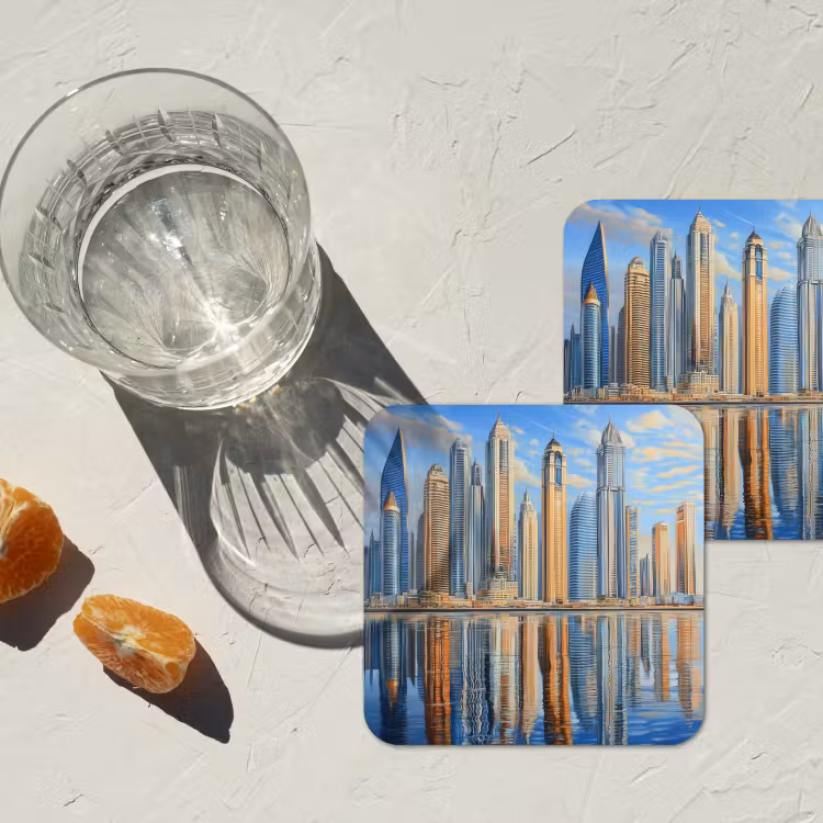 Skyline - Wolkenkrabbers - Water - Blauw onderzetter kurk middel -sfeer4