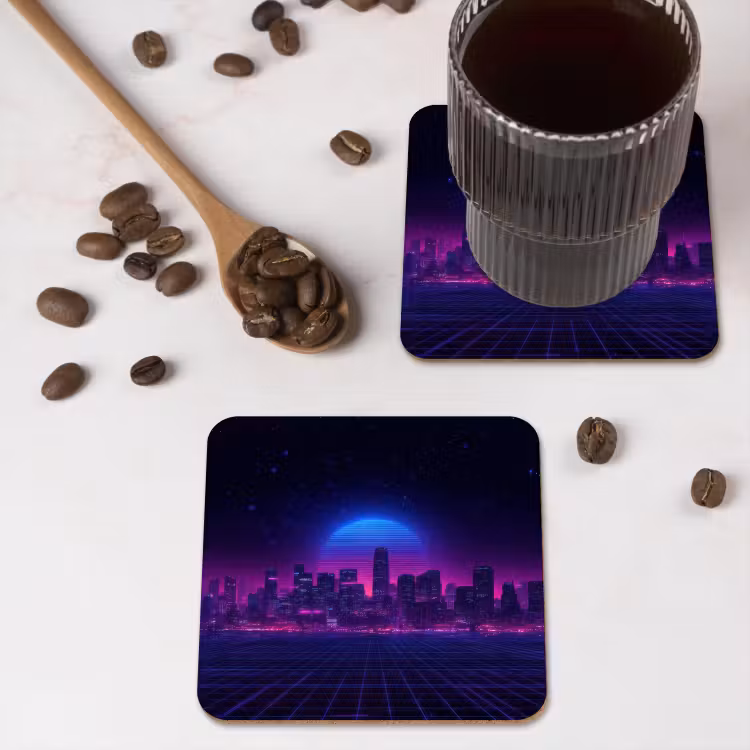 Skyline - Zon - Neon - Rasterpatroon onderzetter kurk middel -sfeer2