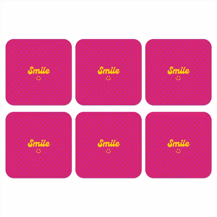 Smile - Stippen - Geel - Smiley - Roze onderzetter kurk middel -3d