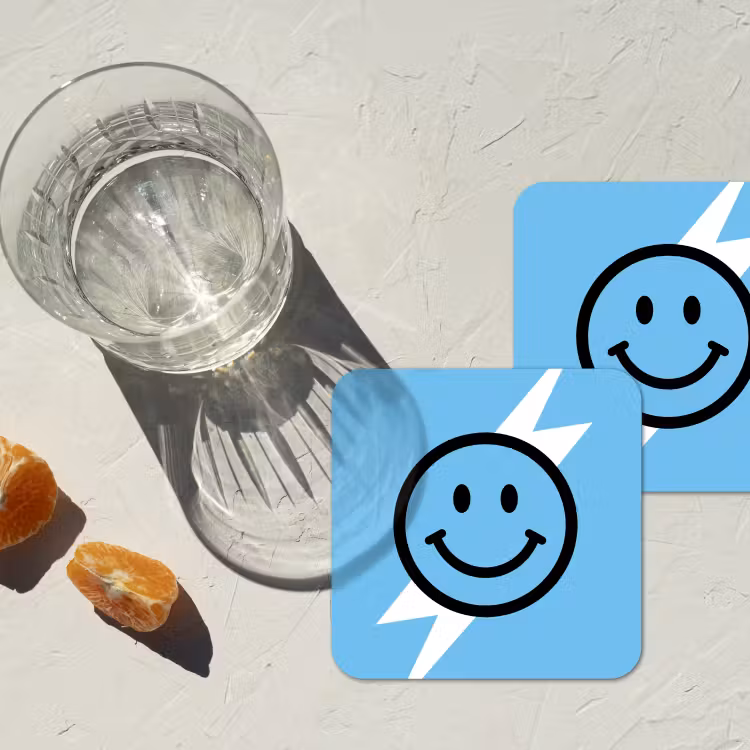 Smiley - Blauw - Bliksem onderzetter kurk middel -sfeer4