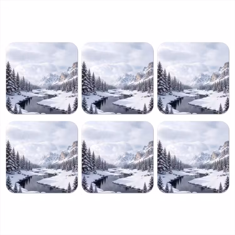 Sneeuwlandschap - Bergen - Rivier - Winter onderzetter kurk middel -3d