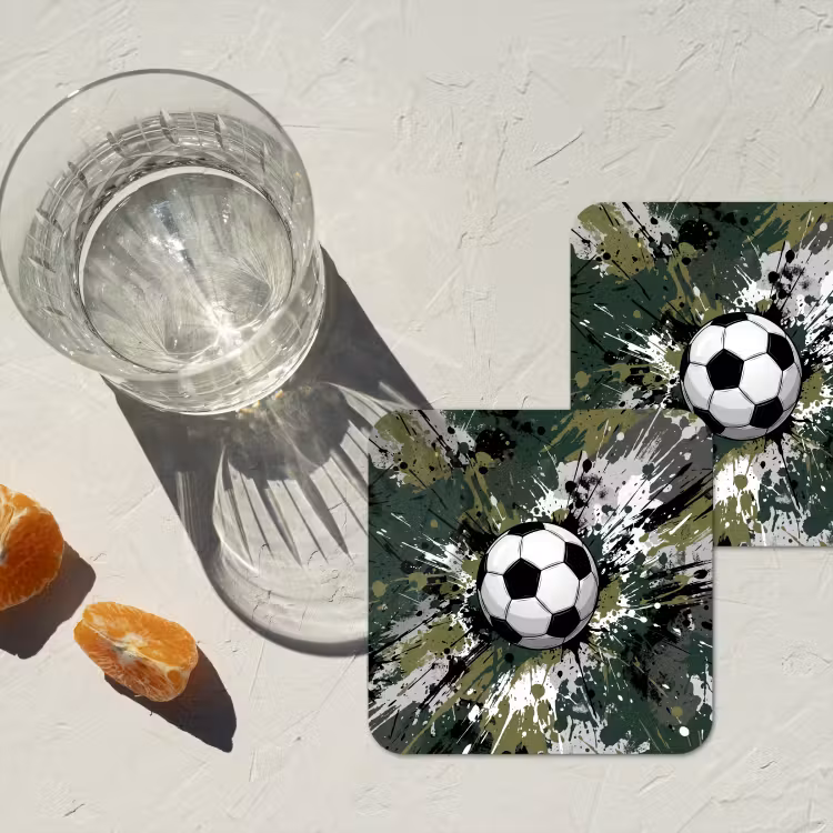 Voetbal - Verf - Spetters - Groen onderzetter kurk middel -sfeer4