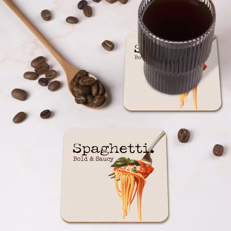 Spaghetti - tomatensaus - Parmezaanse kaas onderzetter kurk middel -sfeer2