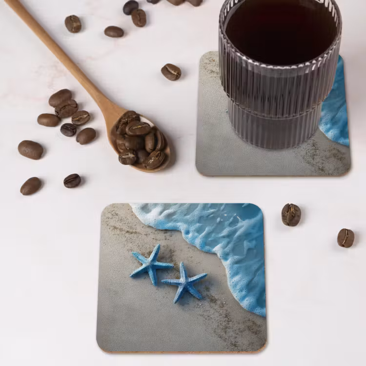 Zeesterren - Zand - Zee - Blauw onderzetter kurk middel -sfeer2