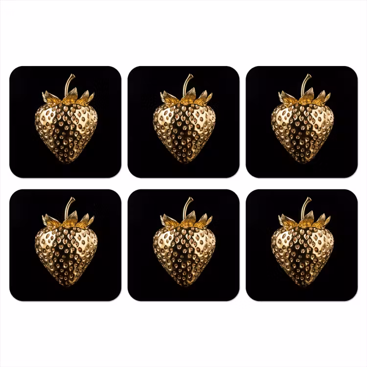 Aardbei - Goud - Zwart - Chrome onderzetter kurk middel -3d