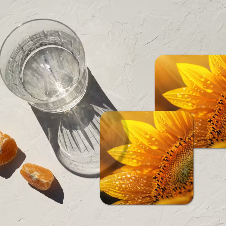 Zonnebloem - Dauwdruppels - Geel - Zonlicht onderzetter kurk middel -sfeer4
