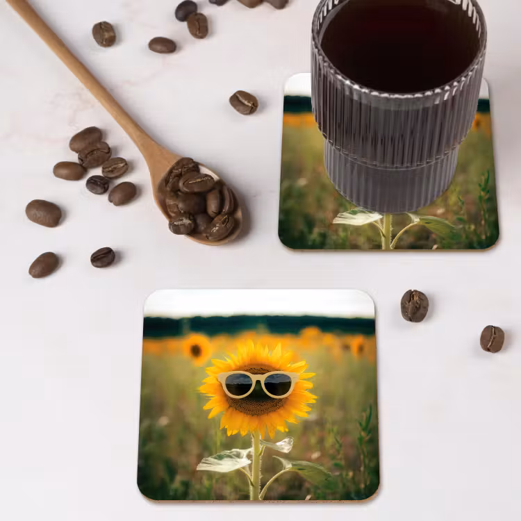 Zonnebloem - Veld - Zonnebril onderzetter kurk middel -sfeer2