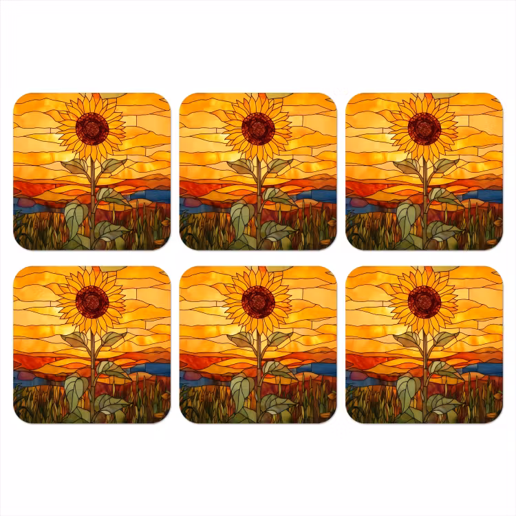 Zonnebloem - Mozaïek - Zonsondergang - Geel onderzetter kurk middel -3d