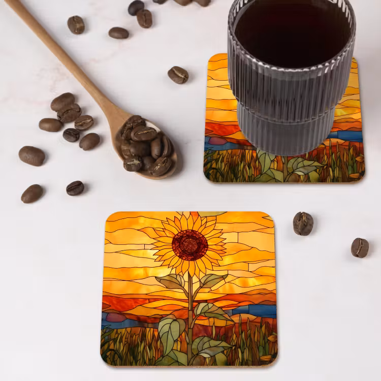 Zonnebloem - Mozaïek - Zonsondergang - Geel onderzetter kurk middel -sfeer2