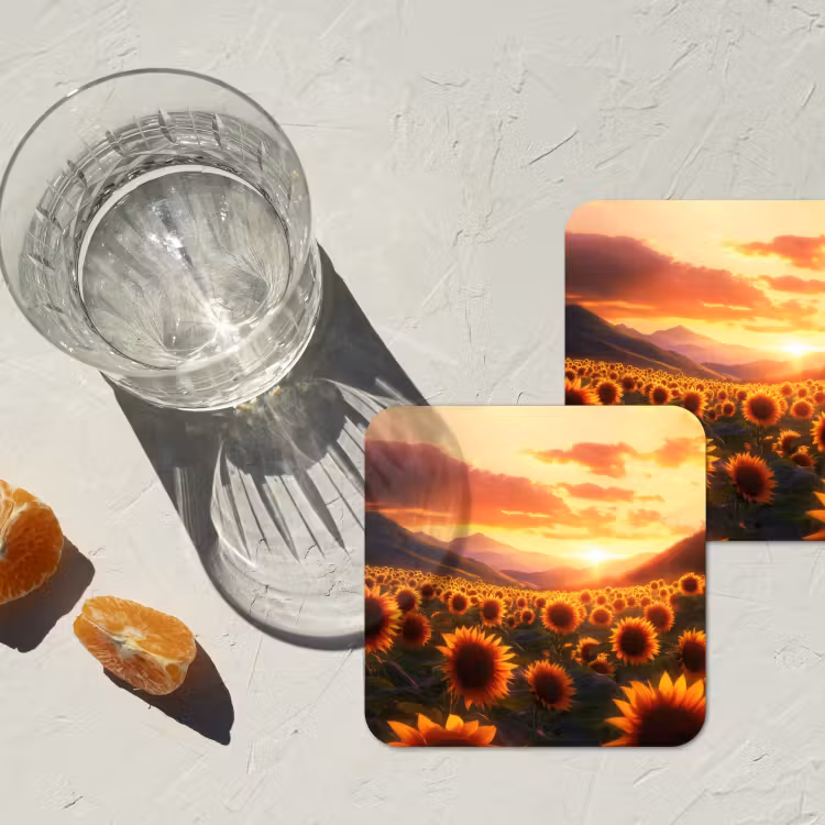 Zonnebloemen - Zonsondergang - Landschap onderzetter kurk middel -sfeer4