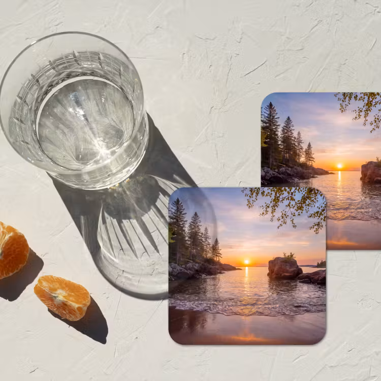Zonsondergang - Kust - Water - Natuur - Oranje onderzetter kurk middel -sfeer4