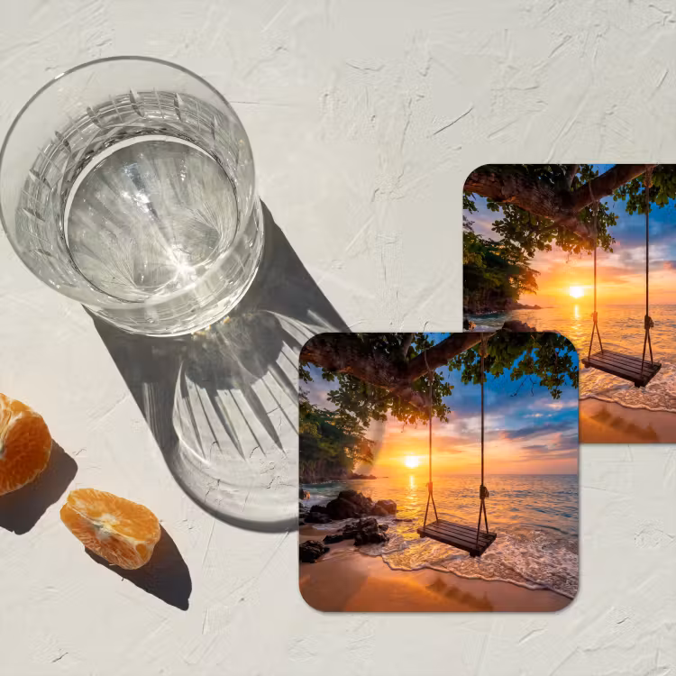Schommel - Strand - Zonsondergang - Natuur - Oranje onderzetter kurk middel -sfeer4