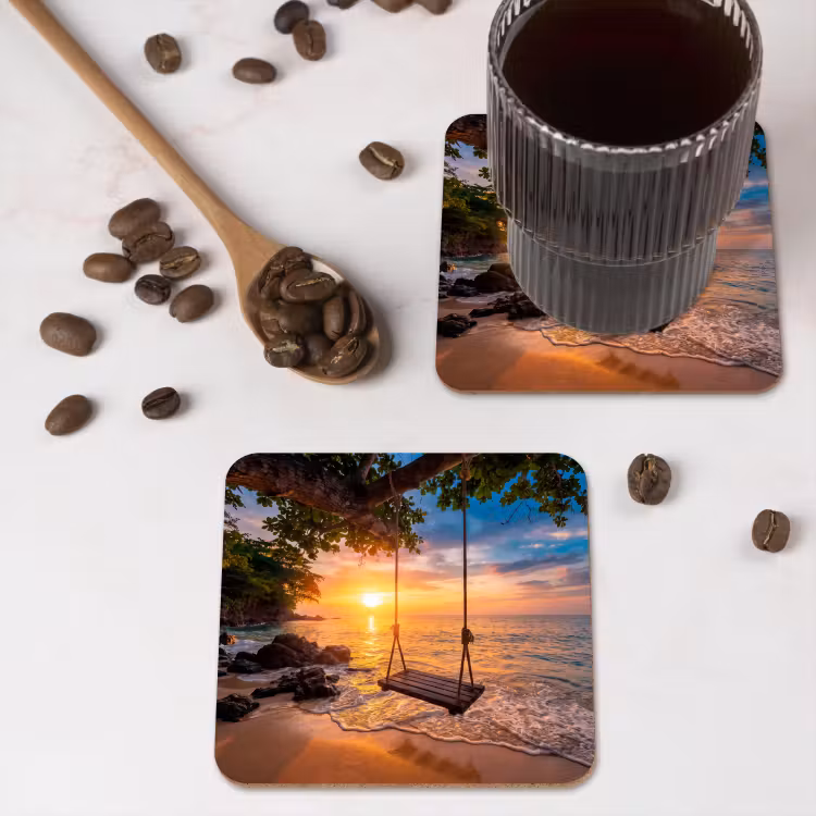 Schommel - Strand - Zonsondergang - Natuur - Oranje onderzetter kurk middel -sfeer2