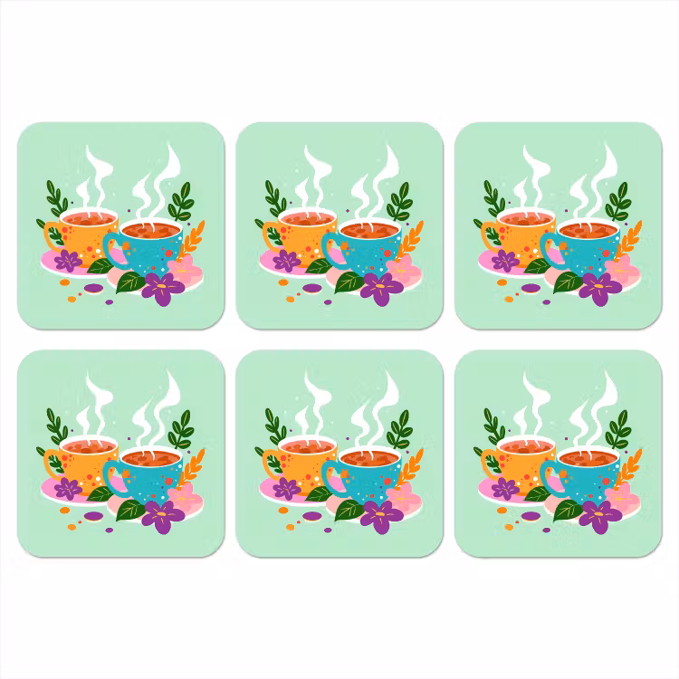 Thee - Illustratie - Kopjes - Bloemen onderzetter kurk middel -3d