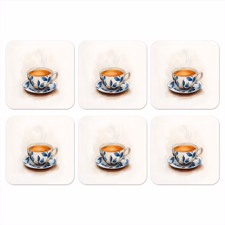 Theekop - Bladeren - Blauw onderzetter kurk middel -3d
