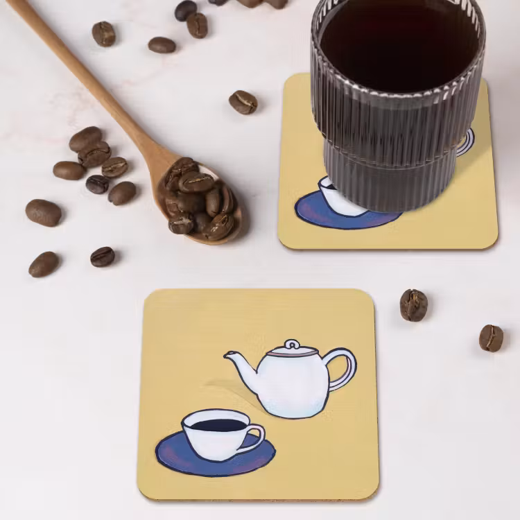 Theepot - Kopje - Beige - Illustratie onderzetter kurk middel -sfeer2