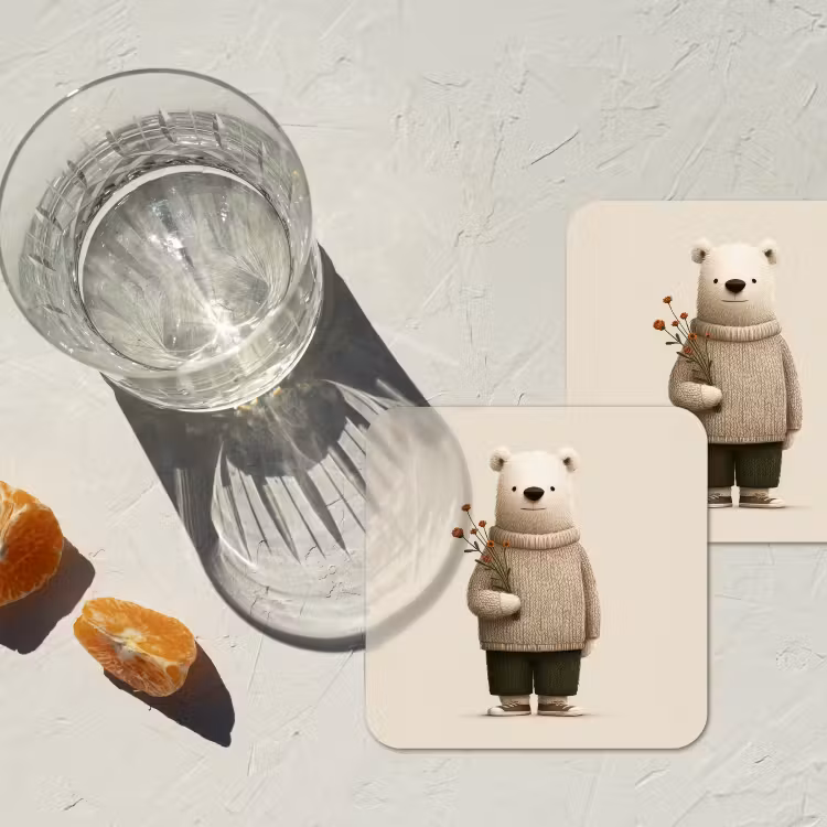 Knuffelbeer - Oranje bloemen - Vriendelijk onderzetter kurk middel -sfeer4