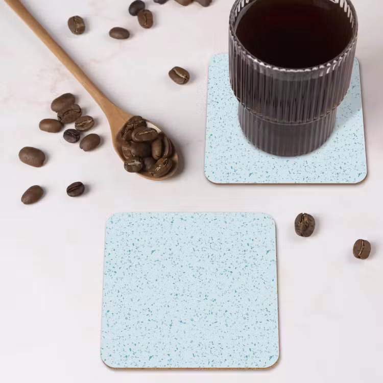 Terrazzo - Patroon - Kleurrijk - Baby Blauw onderzetter kurk middel 366 -sfeer2