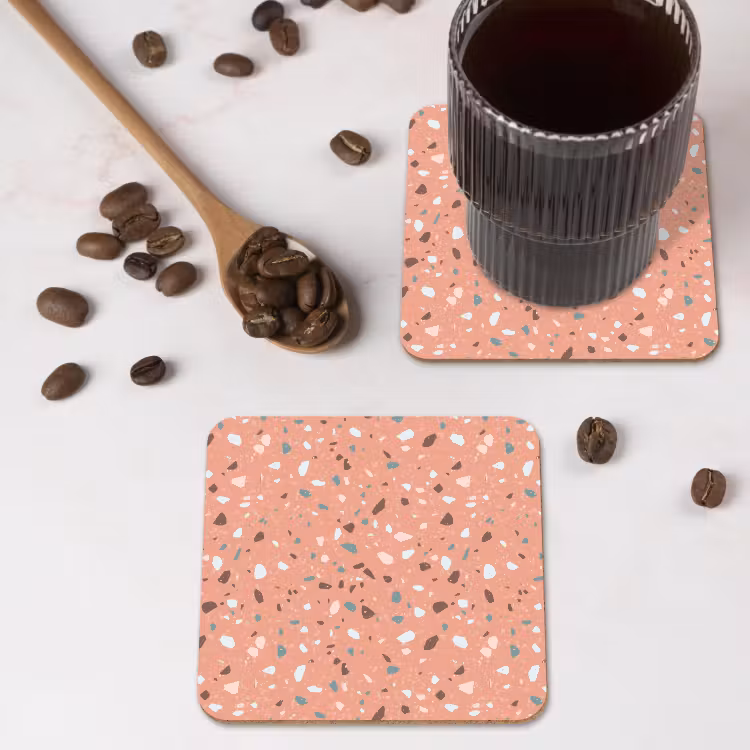 Terrazzo - Patroon - Kleurrijk - Roze - Blauw onderzetter kurk middel 366 -sfeer2