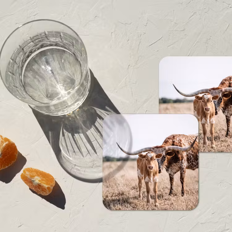 Texas Longhorn - Kalf - Weide - Dieren onderzetter kurk middel -sfeer4