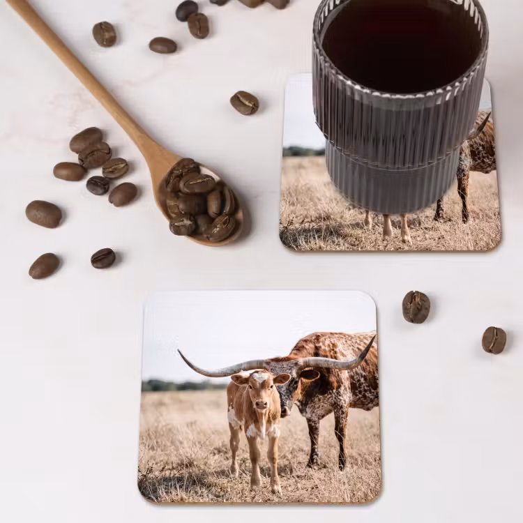 Texas Longhorn - Kalf - Weide - Dieren onderzetter kurk middel -sfeer2