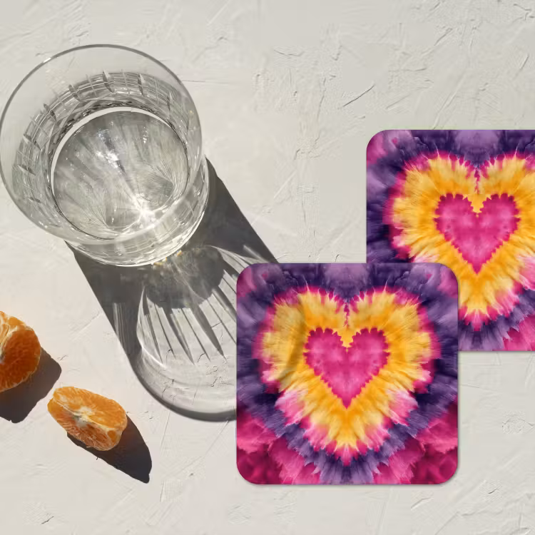 Tie dye - Hartvorm - Vlammen - Oranje onderzetter kurk middel -sfeer4