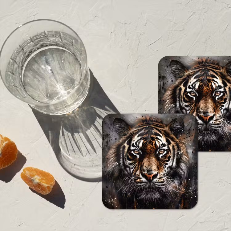 Tijger - Dieren - Portret - Luxe - Zwart onderzetter kurk middel -sfeer4
