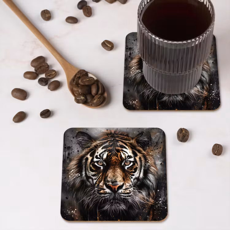 Tijger - Dieren - Portret - Luxe - Zwart onderzetter kurk middel -sfeer2