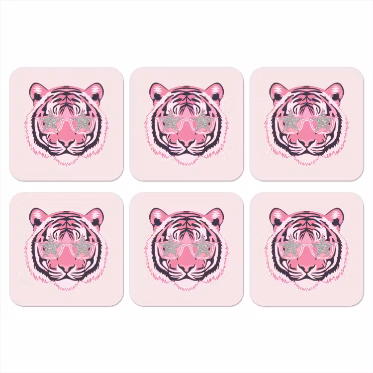 Tijger - Glitterzonnebril - Roze onderzetter kurk middel -3d