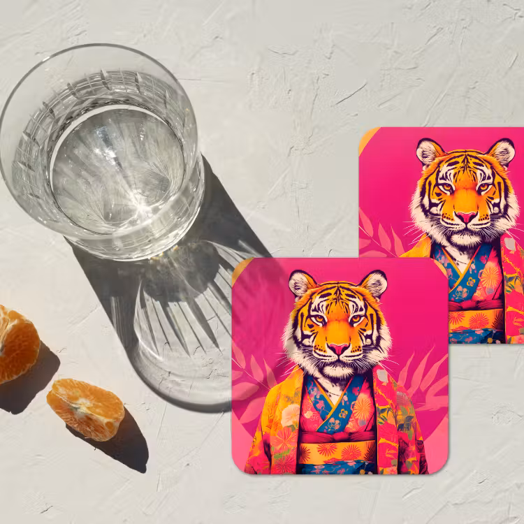 Tijger - Kimono - Planten - Roze onderzetter kurk middel -sfeer4