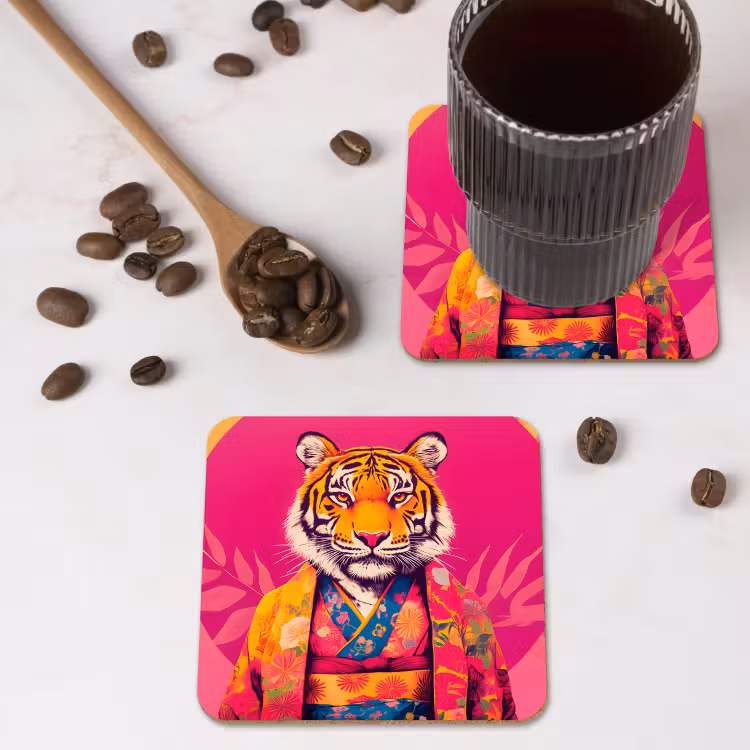 Tijger - Kimono - Planten - Roze onderzetter kurk middel -sfeer2