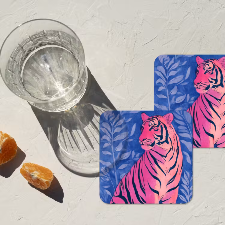 Tijger - Roze - Bladeren - Jungle onderzetter kurk middel -sfeer4