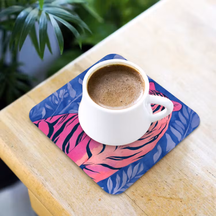 Tijger - Roze - Bladeren - Jungle onderzetter kurk middel -sfeer5
