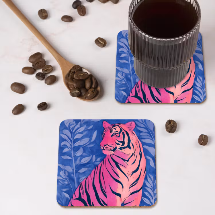 Tijger - Roze - Bladeren - Jungle onderzetter kurk middel -sfeer2