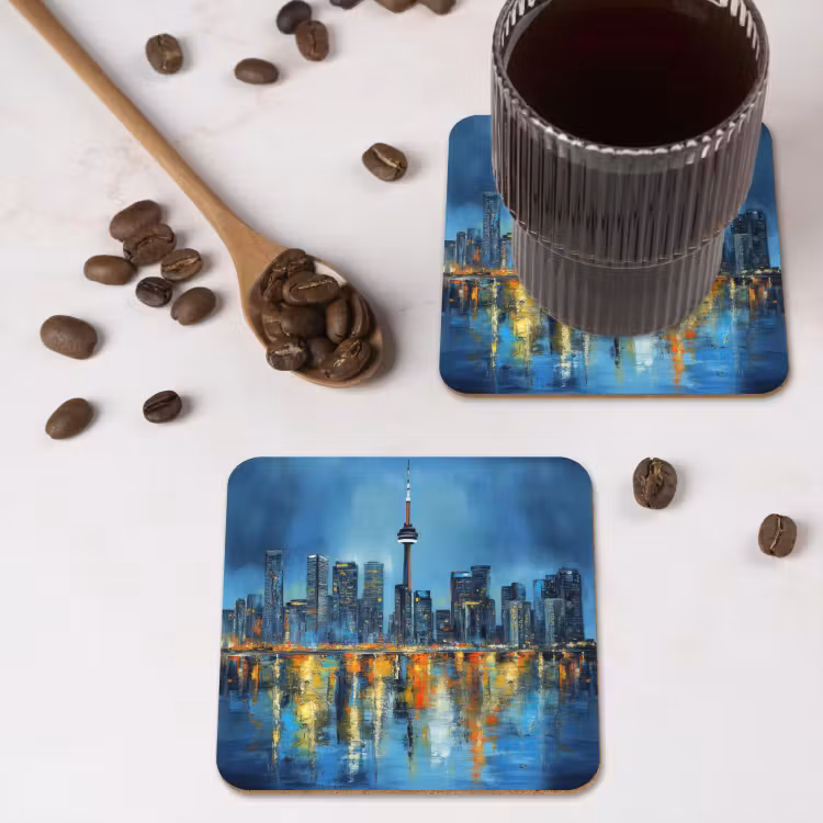 Skyline Toronto - Water - Stadslichten - Toren onderzetter kurk middel -sfeer2