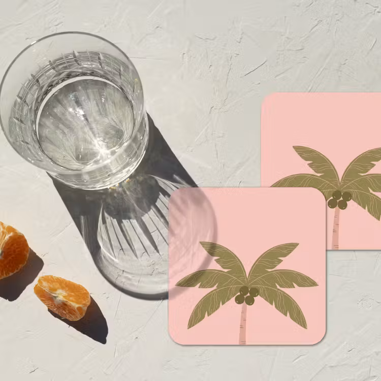Boom - Palm - Natuur - Illustratie - Roze onderzetter kurk middel -sfeer4