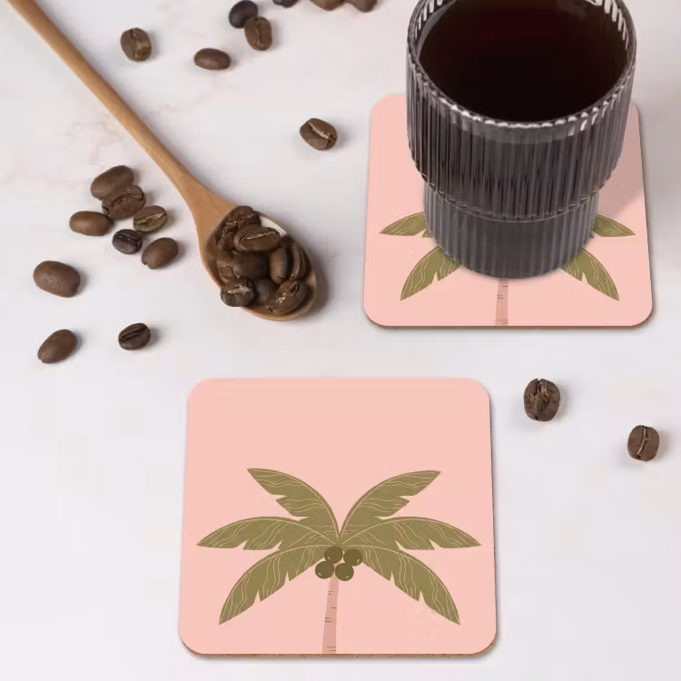 Boom - Palm - Natuur - Illustratie - Roze onderzetter kurk middel -sfeer2