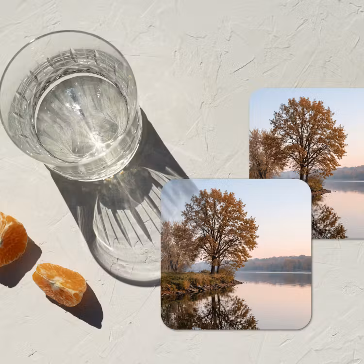 Bomen - Reflectie - Water - Zonsopgang - Serene onderzetter kurk middel -sfeer4