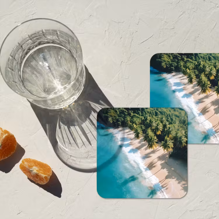 Tropisch - Strand - Water - Palmbomen onderzetter kurk middel -sfeer4