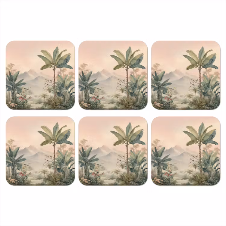 Tropisch landschap - palmbomen - Bloemen - Roze lucht onderzetter kurk middel -3d