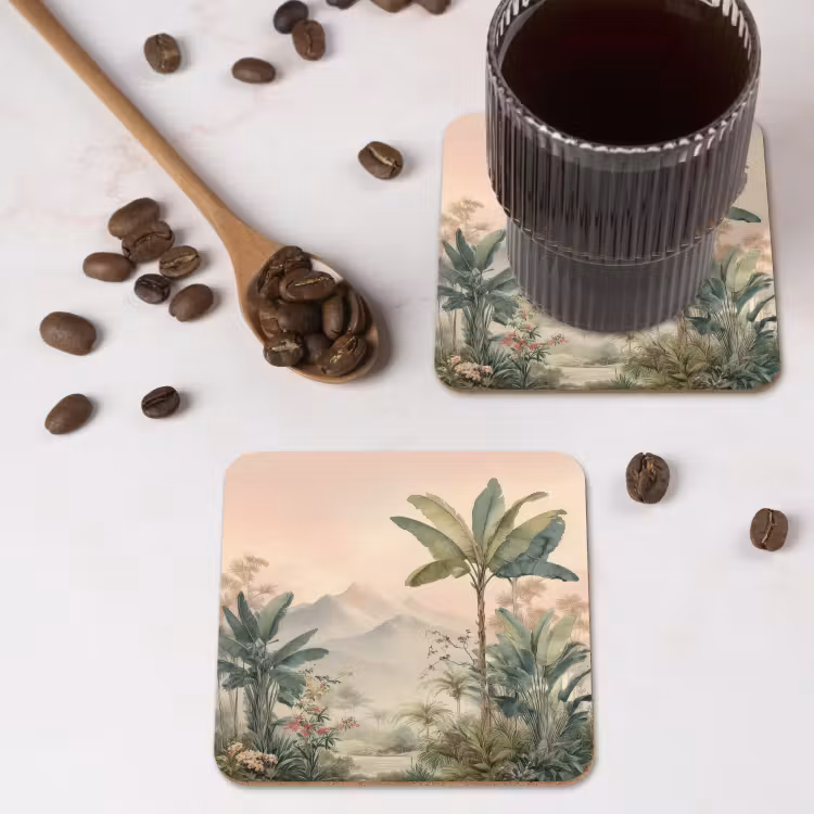 Tropisch landschap - palmbomen - Bloemen - Roze lucht onderzetter kurk middel -sfeer2